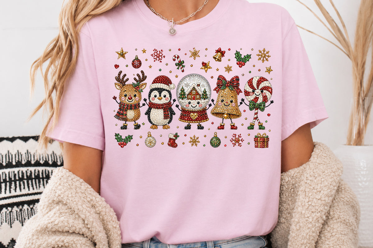 Rhinestone Christmas Characters PNG Reindeer Penguin Snow Globe Bell Candy Cane Sublimation