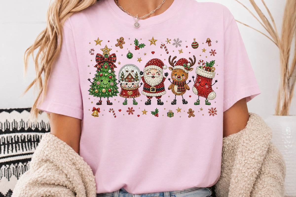 Rhinestone Christmas Characters PNG Santa Reindeer Tree Stocking Holiday Sublimation