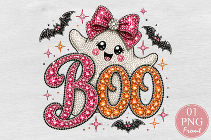 Rhinestone Cute Ghost Boo Halloween Sublimation PNG Pink Orange Bow Design