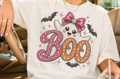 Rhinestone Cute Ghost Boo Halloween Sublimation PNG Pink Orange Bow Design