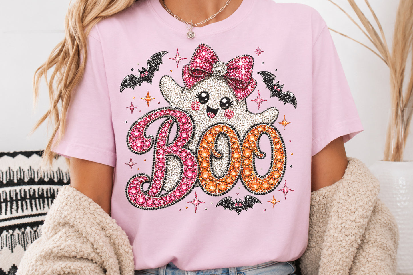 Rhinestone Cute Ghost Boo Halloween Sublimation PNG Pink Orange Bow Design
