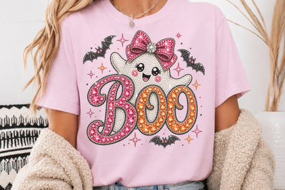 Rhinestone Cute Ghost Boo Halloween Sublimation PNG Pink Orange Bow Design