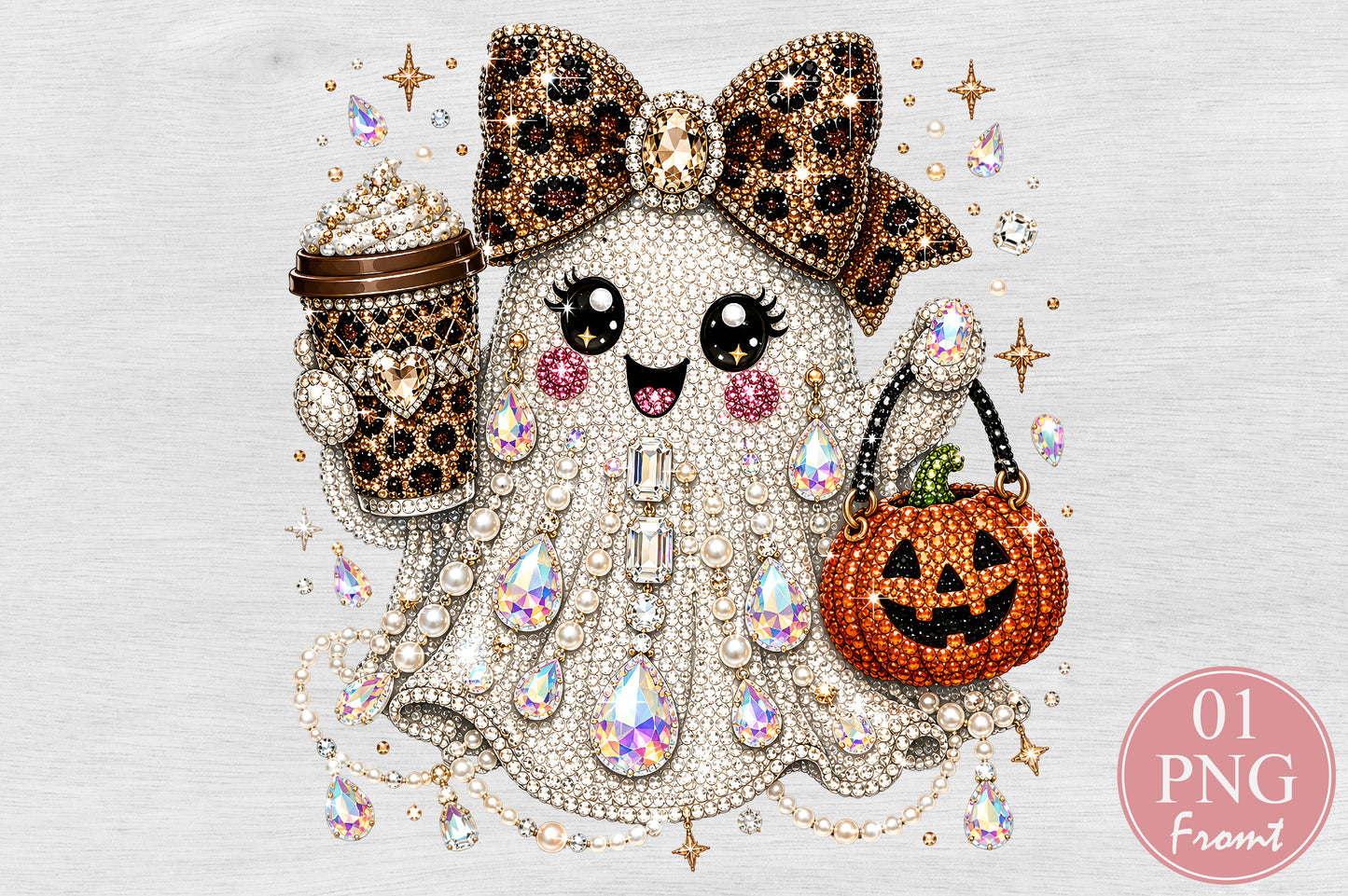 Rhinestone Glam Halloween Ghost Sublimation PNG Leopard Bow Pumpkin Coffee Design