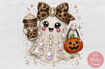Rhinestone Glam Halloween Ghost Sublimation PNG Leopard Bow Pumpkin Coffee Design