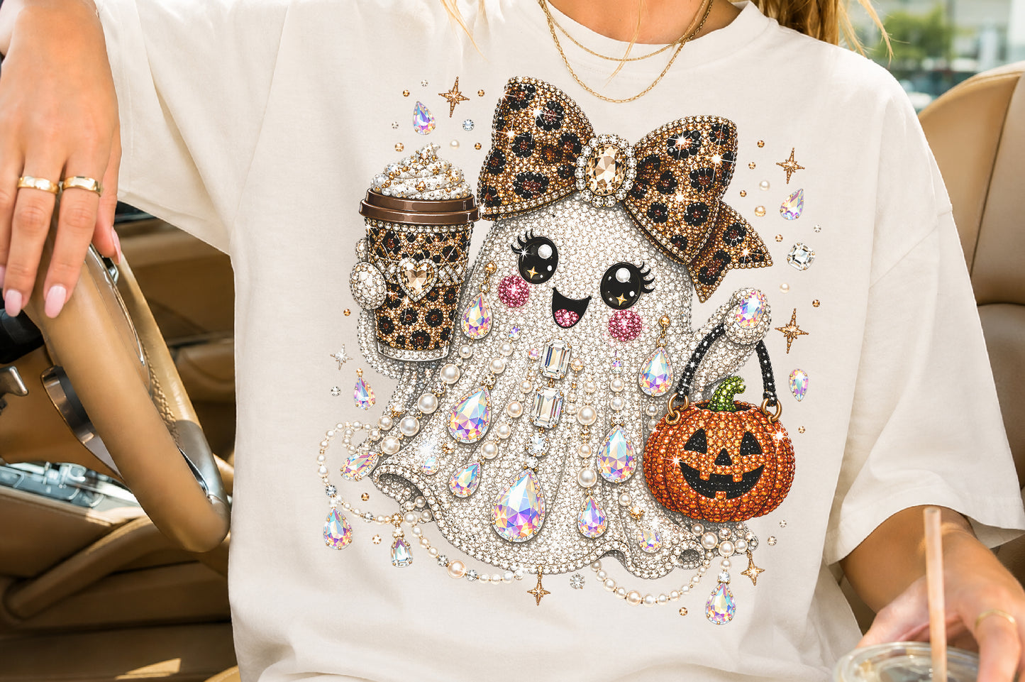 Rhinestone Glam Halloween Ghost Sublimation PNG Leopard Bow Pumpkin Coffee Design