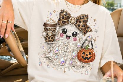 Rhinestone Glam Halloween Ghost Sublimation PNG Leopard Bow Pumpkin Coffee Design