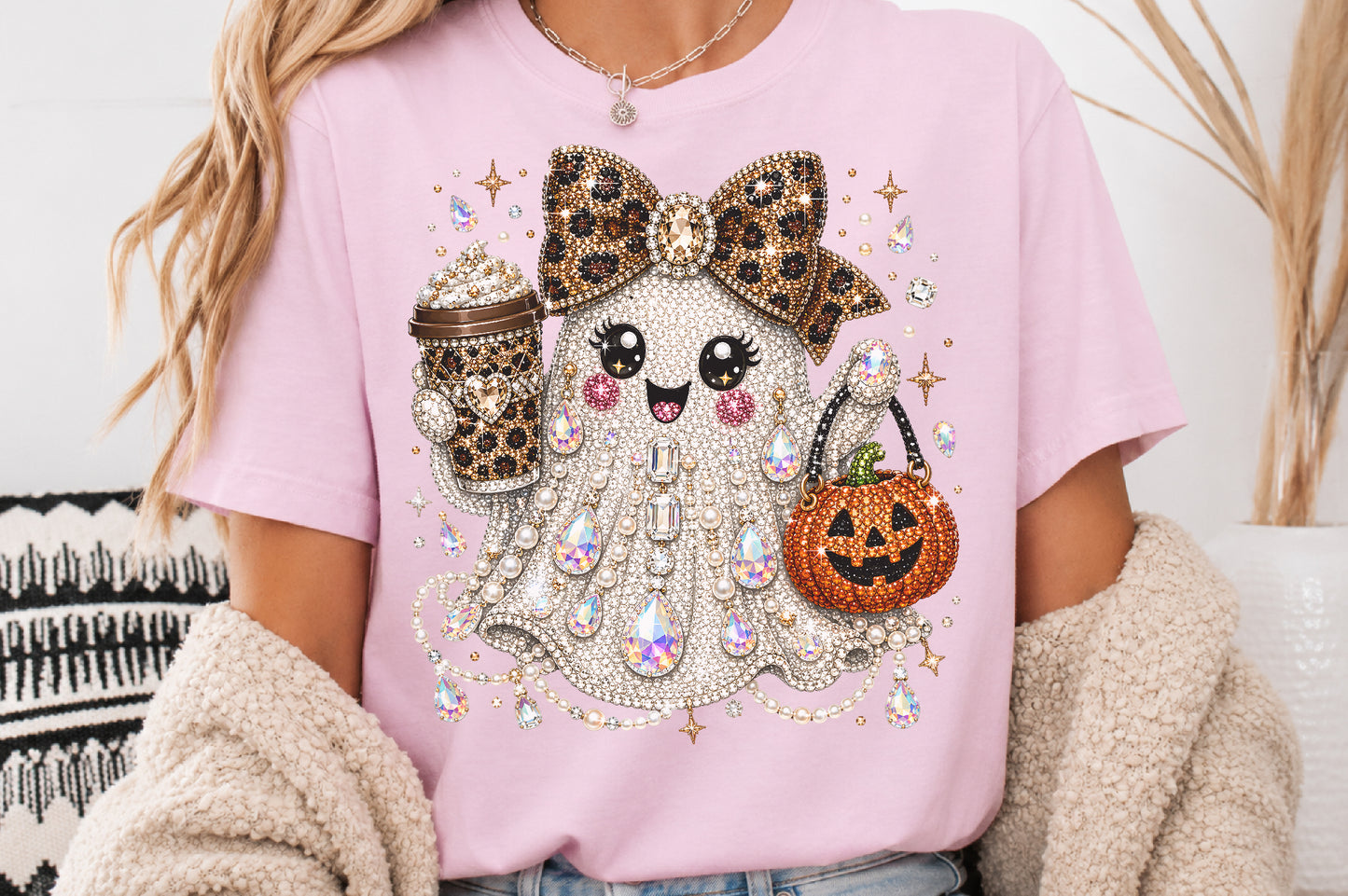 Rhinestone Glam Halloween Ghost Sublimation PNG Leopard Bow Pumpkin Coffee Design