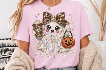 Rhinestone Glam Halloween Ghost Sublimation PNG Leopard Bow Pumpkin Coffee Design