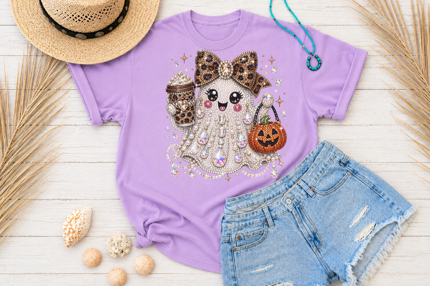 Rhinestone Glam Halloween Ghost Sublimation PNG Leopard Bow Pumpkin Coffee Design