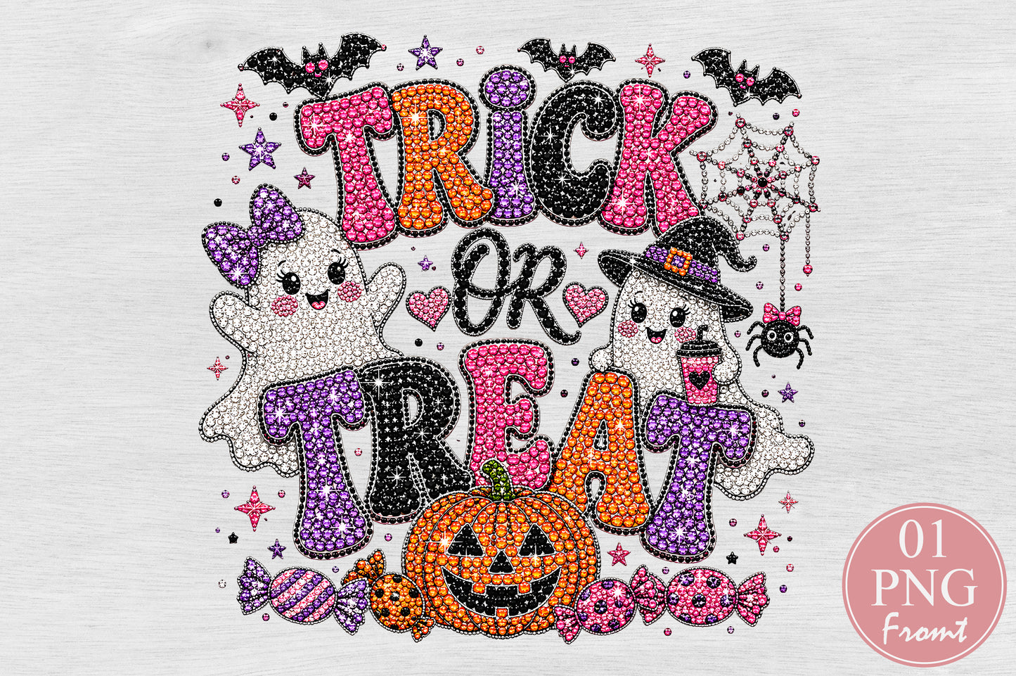 Rhinestone Halloween Trick Or Treat Sublimation PNG Cute Ghost Pumpkin Design