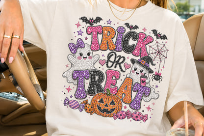Rhinestone Halloween Trick Or Treat Sublimation PNG Cute Ghost Pumpkin Design