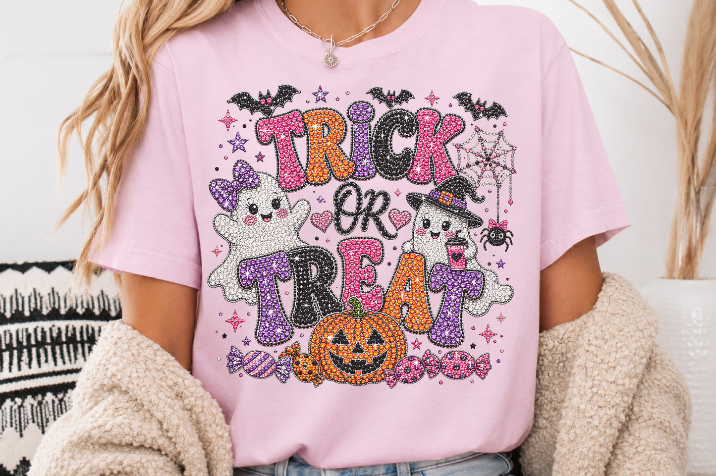 Rhinestone Halloween Trick Or Treat Sublimation PNG Cute Ghost Pumpkin Design