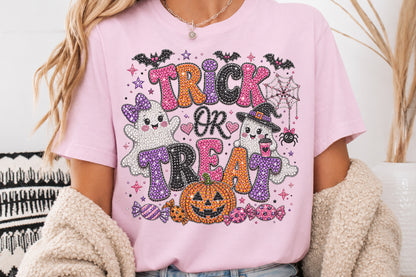 Rhinestone Halloween Trick Or Treat Sublimation PNG Cute Ghost Pumpkin Design