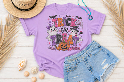 Rhinestone Halloween Trick Or Treat Sublimation PNG Cute Ghost Pumpkin Design