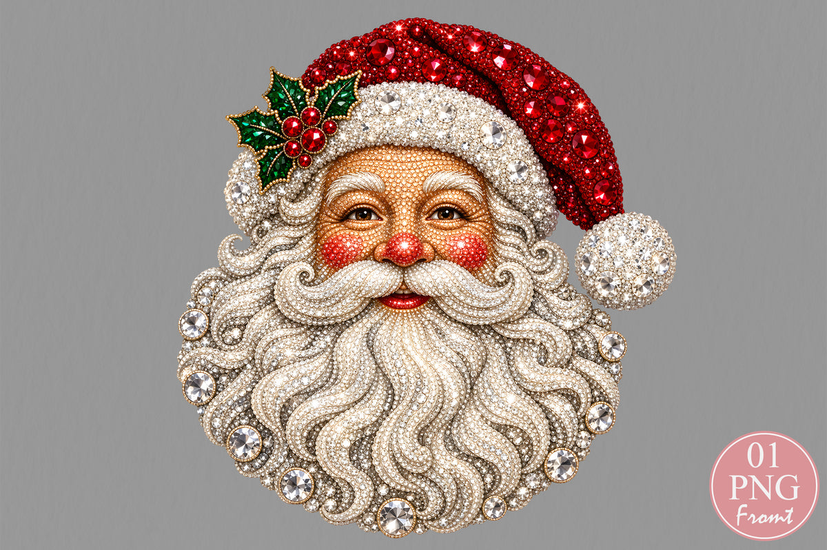 Rhinestone Santa Face Christmas PNG Sublimation Design