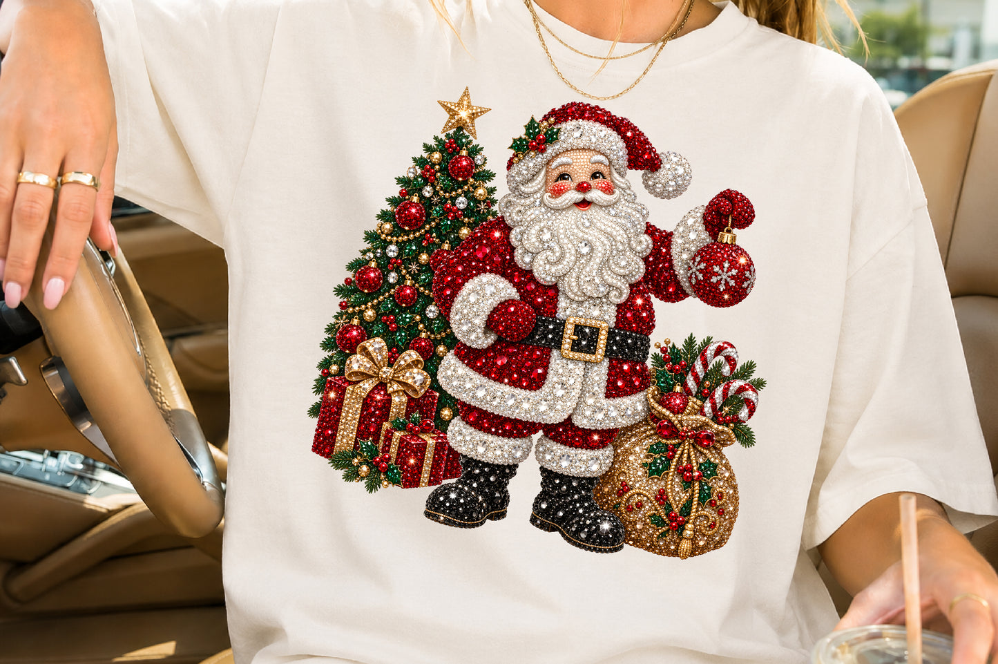 Rhinestone Santa Christmas Tree PNG Sublimation Design