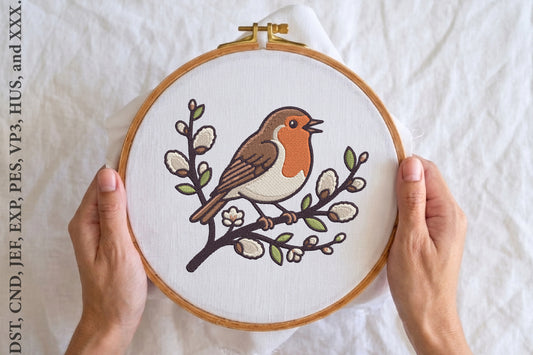 Robin Bird Embroidery Design – Beautiful Robin Bird Machine Embroidery Pattern, Woodland Nature Bird Embroidery Design