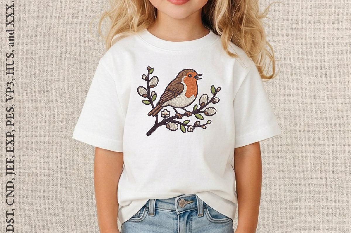 Robin Bird Embroidery Design – Beautiful Robin Bird Machine Embroidery Pattern, Woodland Nature Bird Embroidery Design