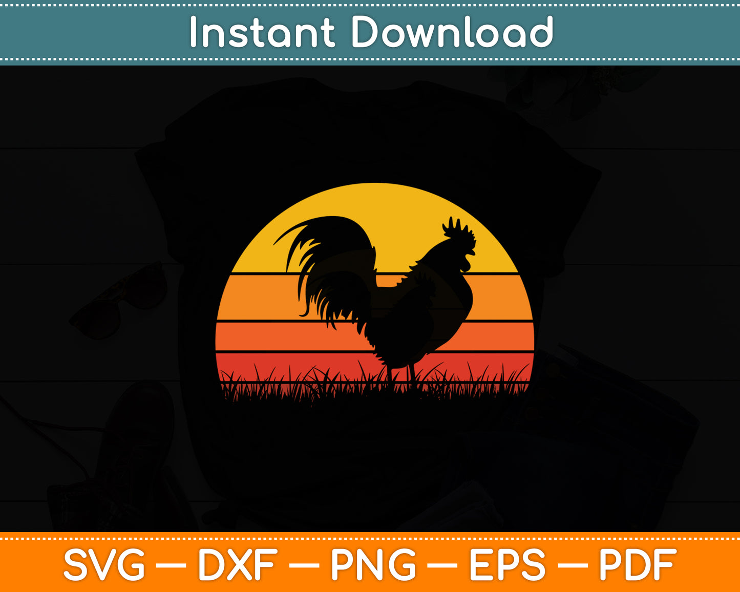Rooster Chicken Sunset Retro Vintage Farm Farmer Farming Svg Png Dxf Cutting File