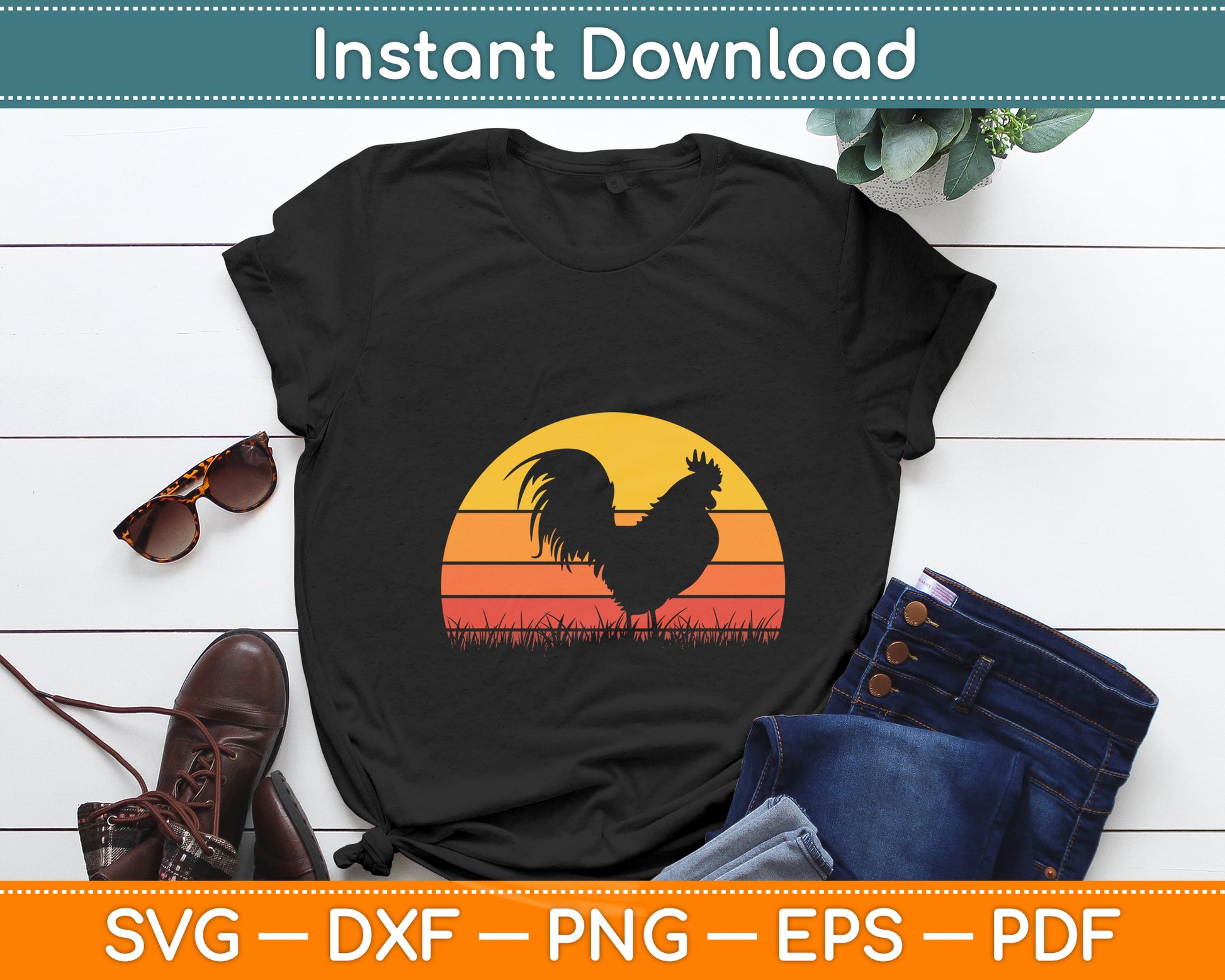 Rooster Chicken Sunset Retro Vintage Farm Farmer Farming Svg Png Dxf Cutting File