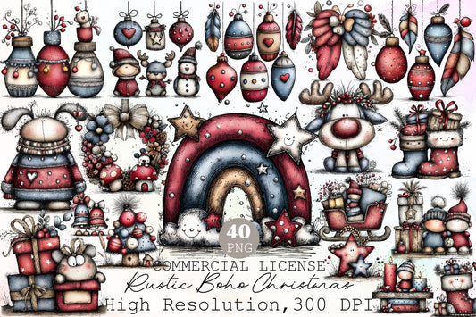 Rustic Boho Christmas Clipart PNG Bundle