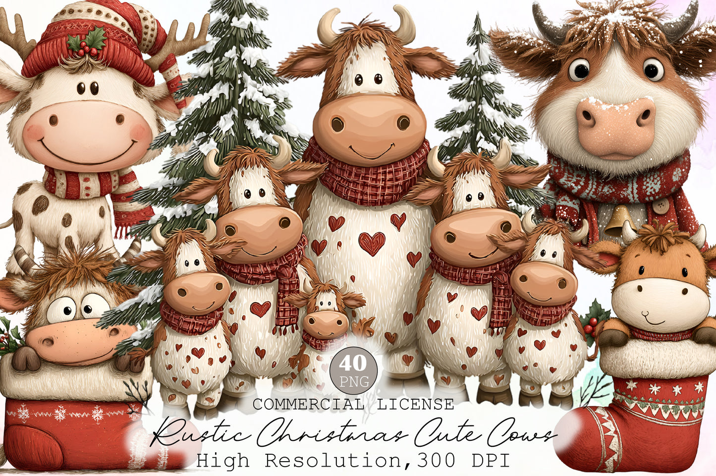 Rustic Christmas Cute Cows Clipart PNG Bundle