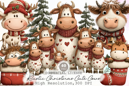 Rustic Christmas Cute Cows Clipart PNG Bundle