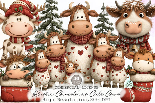 Rustic Christmas Cute Cows Clipart PNG Bundle