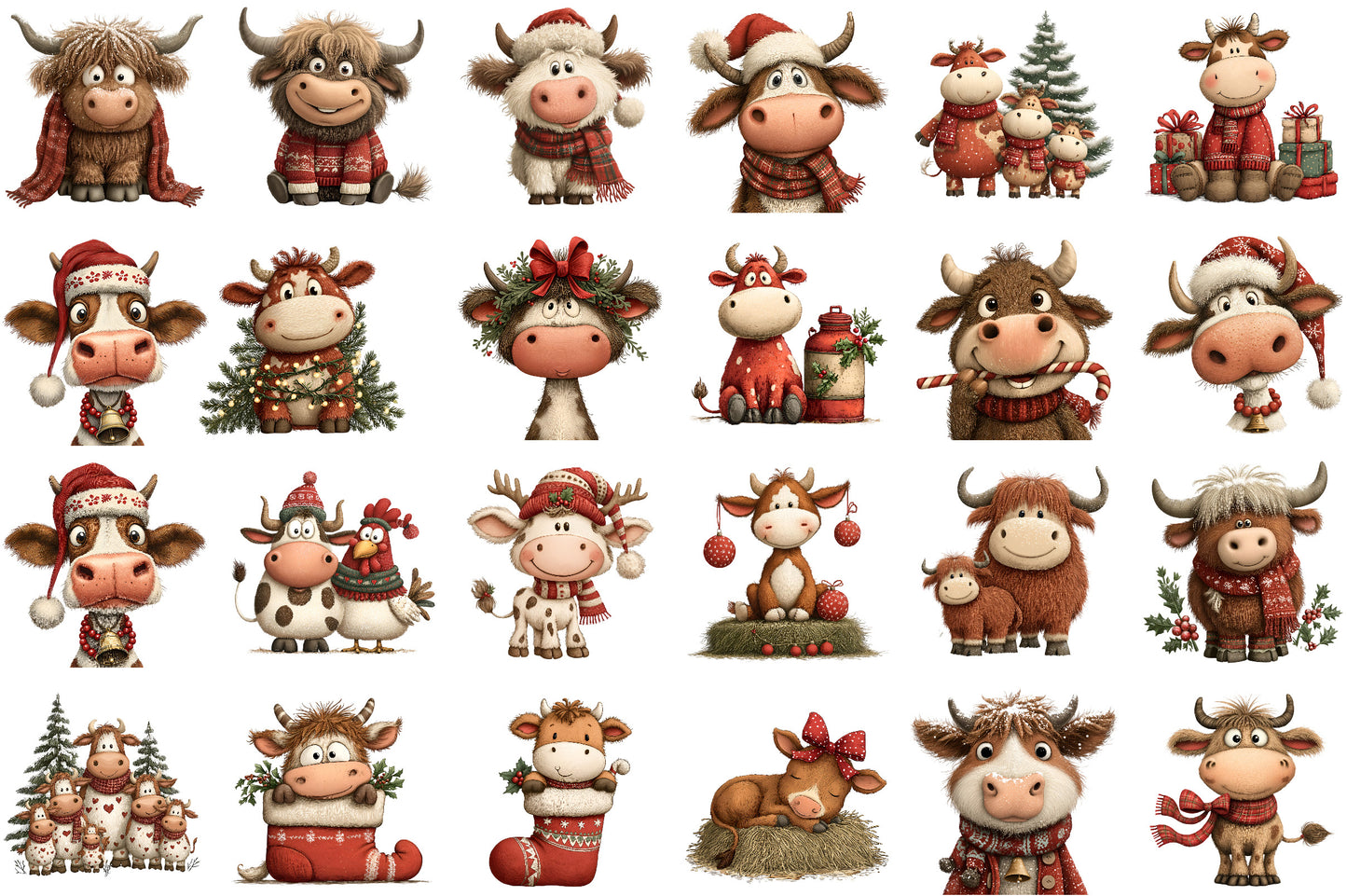 Rustic Christmas Cute Cows Clipart PNG Bundle