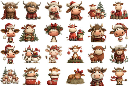 Rustic Christmas Cute Cows Clipart PNG Bundle