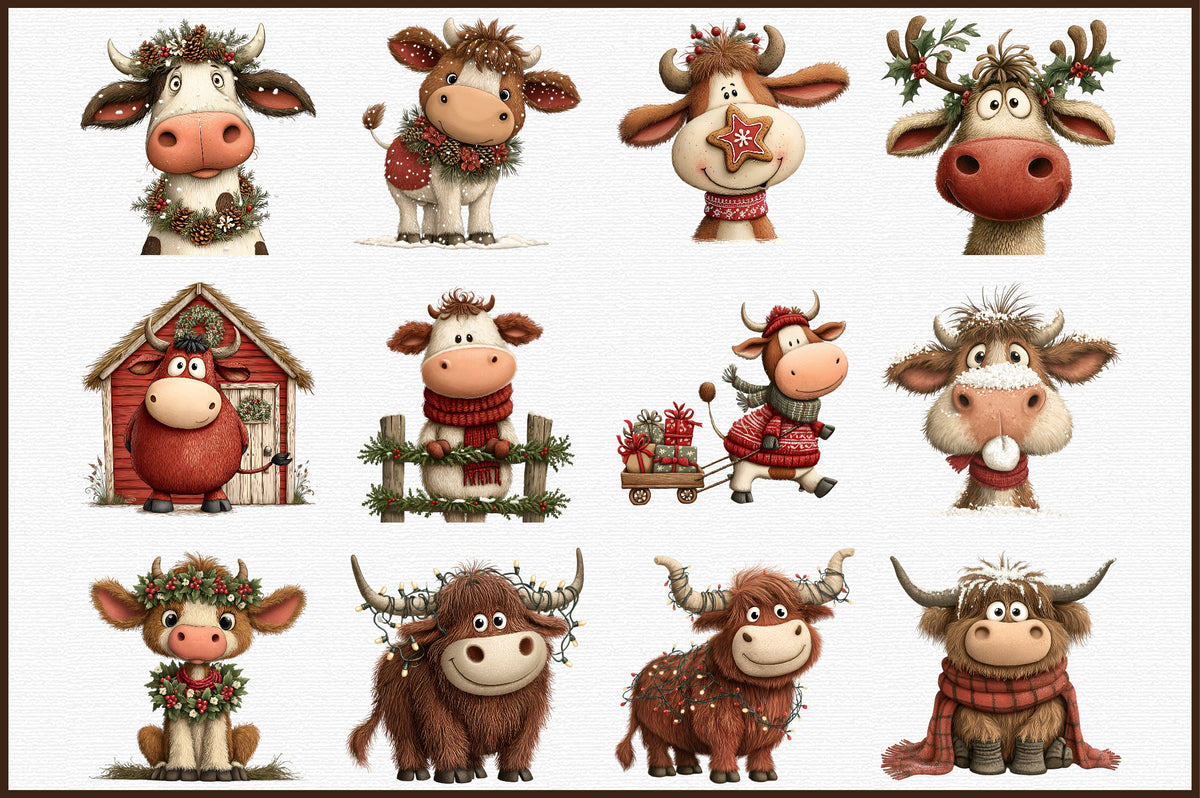Rustic Christmas Cute Cows Clipart PNG Bundle