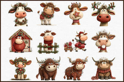 Rustic Christmas Cute Cows Clipart PNG Bundle