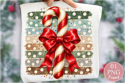 Christmas Candy Cane Red Bow PNG Vintage Striped Sublimation Design