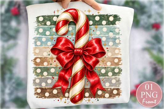 Christmas Candy Cane Red Bow PNG Vintage Striped Sublimation Design
