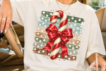Christmas Candy Cane Red Bow PNG Vintage Striped Sublimation Design