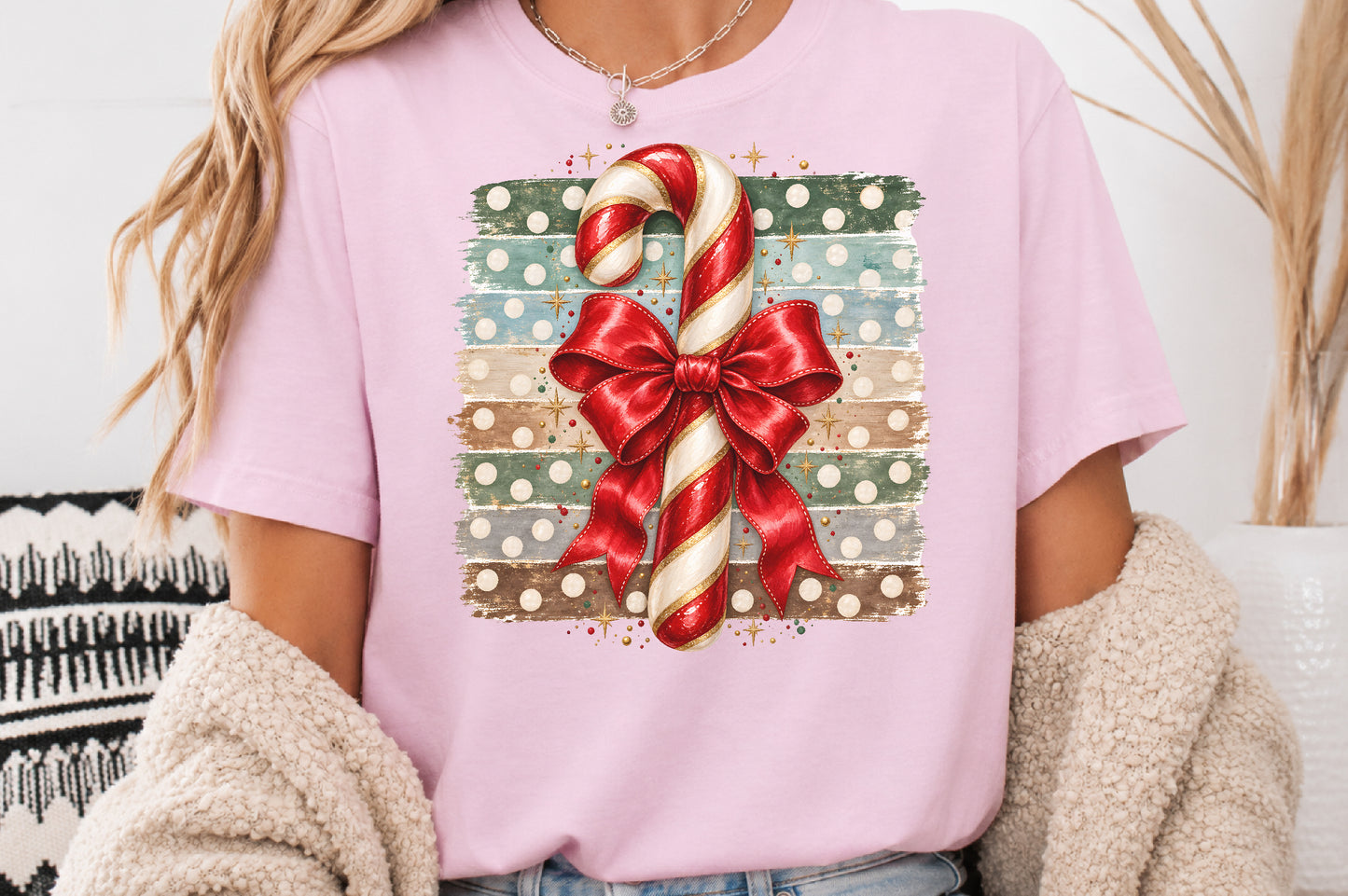 Christmas Candy Cane Red Bow PNG Vintage Striped Sublimation Design