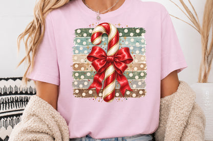 Christmas Candy Cane Red Bow PNG Vintage Striped Sublimation Design