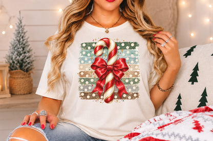 Christmas Candy Cane Red Bow PNG Vintage Striped Sublimation Design