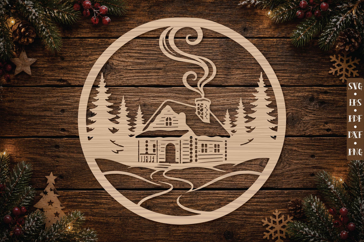 Rustic Winter Cabin Ornament SVG