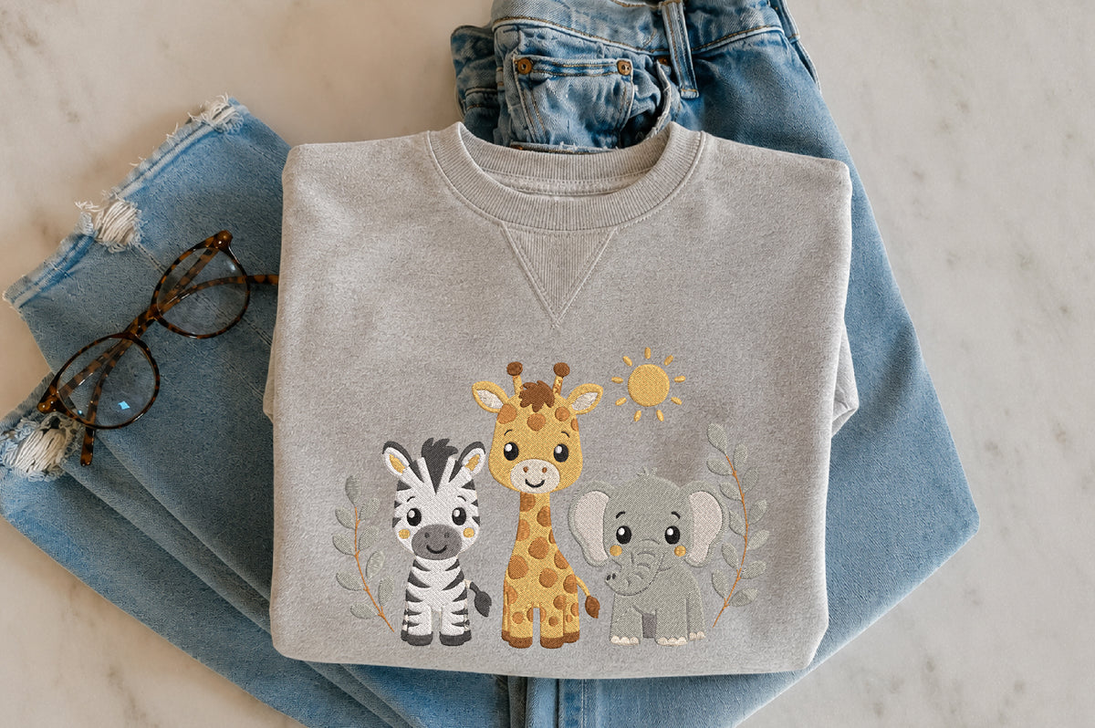 Safari Animals Embroidery Design – Cute Safari Animal Machine Embroidery Pattern, Jungle & Wild Animal Embroidery Design
