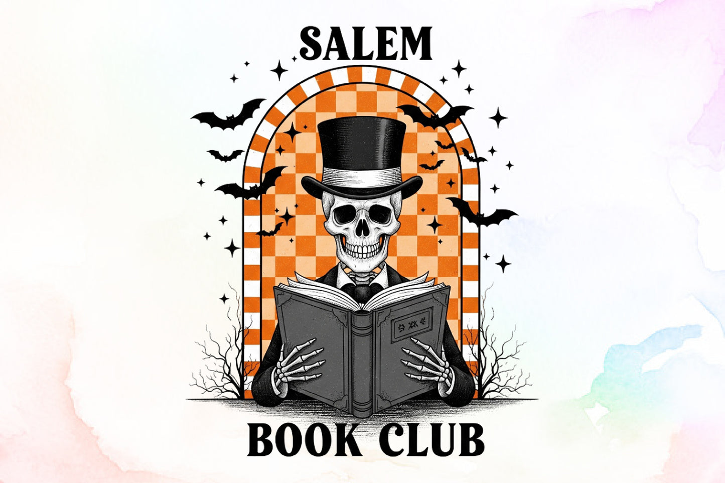 Salem Book Club Retro Halloween Skeleton PNG