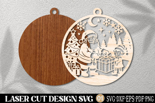 Santa Christmas Gift Circle Laser Cut SVG | Santa Ornament SVG
