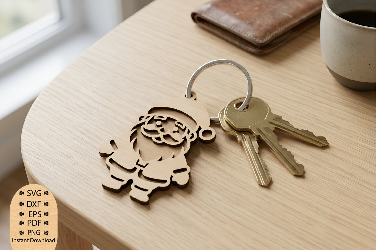 Santa Claus Keychain Laser Cut SVG, Santa Keychain Cut File, Christmas Santa Keychain SVG, Holiday Keychain Design