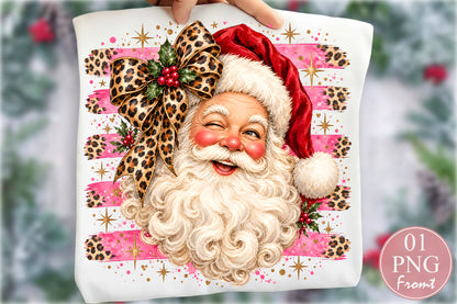 Santa Claus PNG Retro Christmas Santa Leopard Bow Pink Holiday Sublimation
