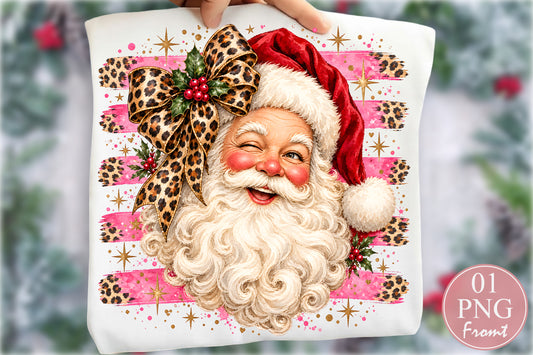 Santa Claus PNG Retro Christmas Santa Leopard Bow Pink Holiday Sublimation