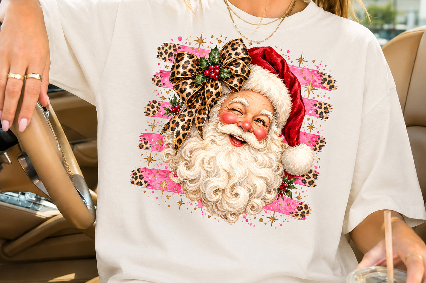 Santa Claus PNG Retro Christmas Santa Leopard Bow Pink Holiday Sublimation