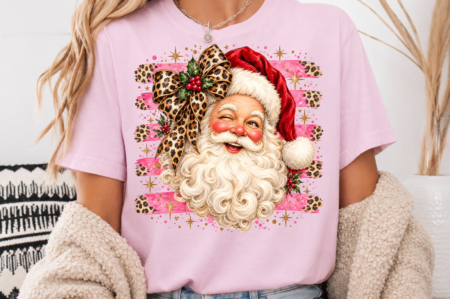 Santa Claus PNG Retro Christmas Santa Leopard Bow Pink Holiday Sublimation