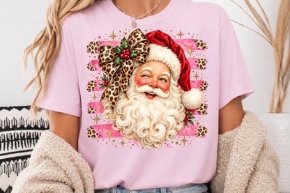 Santa Claus PNG Retro Christmas Santa Leopard Bow Pink Holiday Sublimation