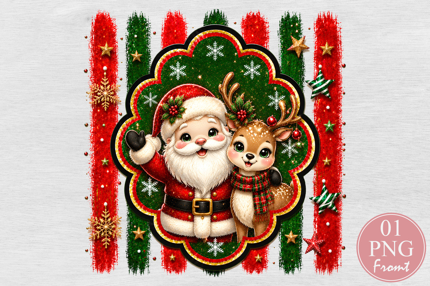 Cute Santa Claus Reindeer PNG Christmas Holiday Friends Sublimation Design