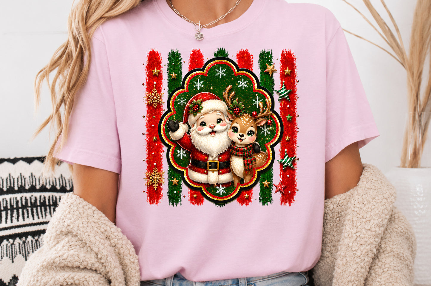 Cute Santa Claus Reindeer PNG Christmas Holiday Friends Sublimation Design